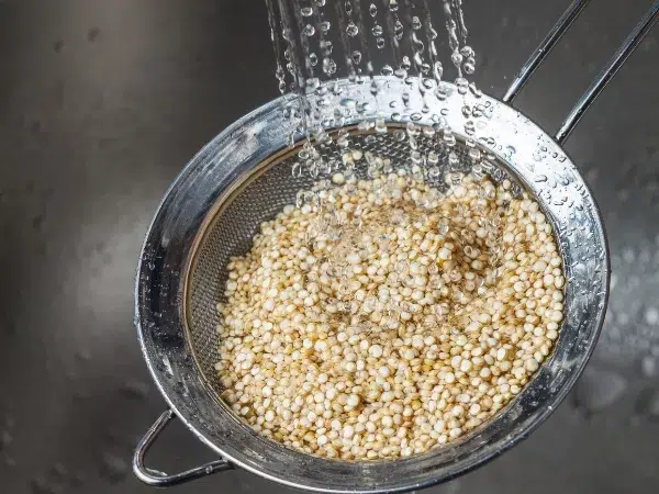 Quinoa qui se rince à l'eau dans une petite passoire