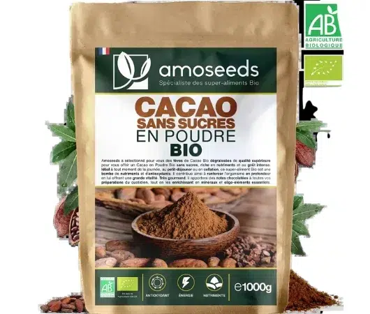 Sachet poudre de cacao sans sucre ajouté bio de la marque Amoseeds