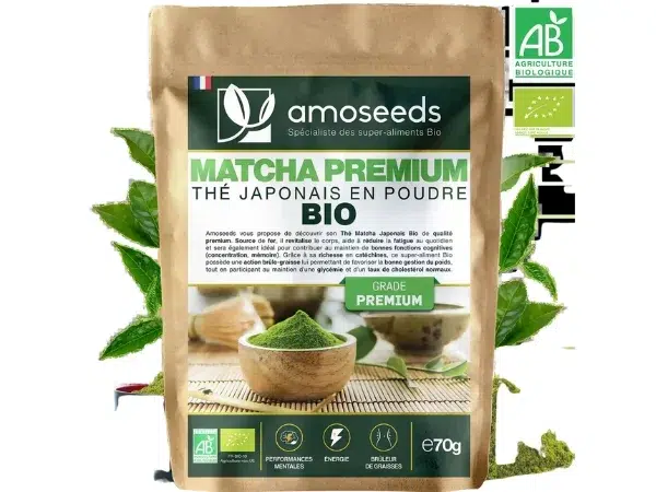 Sachet de thé matcha premium bio de la marque Amoseeds