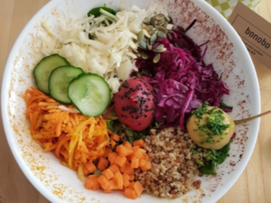 Assiette vegan sans gluten carottes concombre Bonobo Montpellier