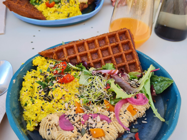 Gaufre sans gluten houmous vegan salade et graines germées