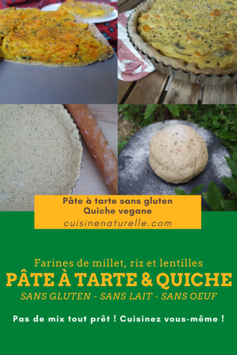 Affiche Pinterest pour la pâte à tarte sans gluten avec des photos de boule de pâte à tarte et de morceaux de quiche