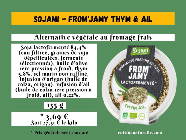 Infographie sojami vegan From'Jamy lactofermenté avec ingrédients bio et packaging