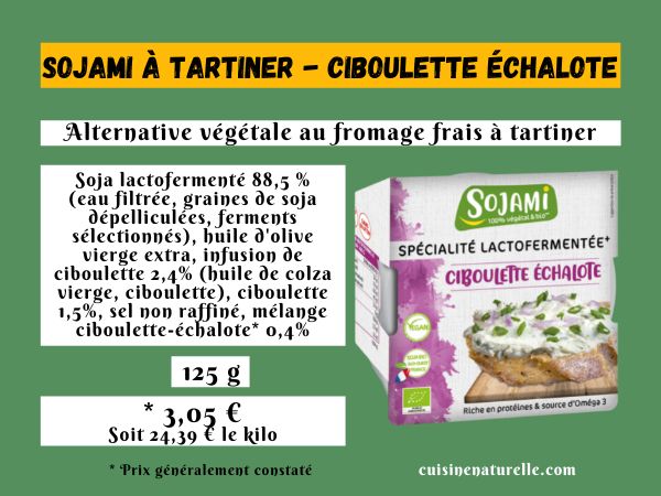 Infographie sojami vegan ciboulette échalote avec ingrédients bio et packaging