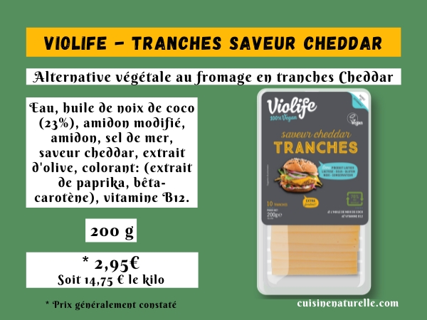 Violife France tranches cheddar infographie avec ingrédients et prix