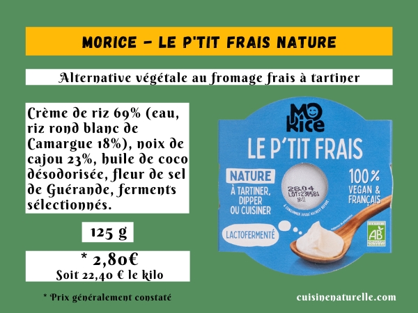 Infographie Le p'tit frais Morice vegan alternative fromage frais nature à tartiner avec ingrédients et prix