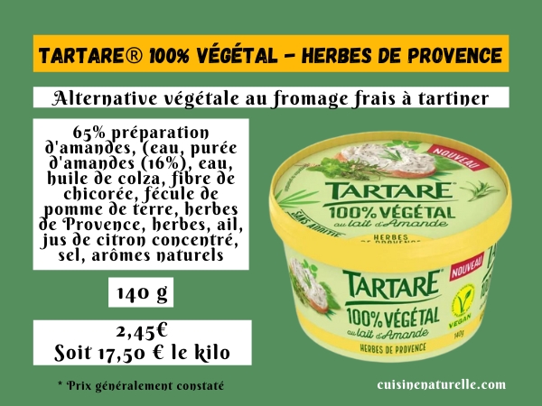 Infographie Tartare 100% végétal herbes de Provence avec ingrédients, prix et photo packaging