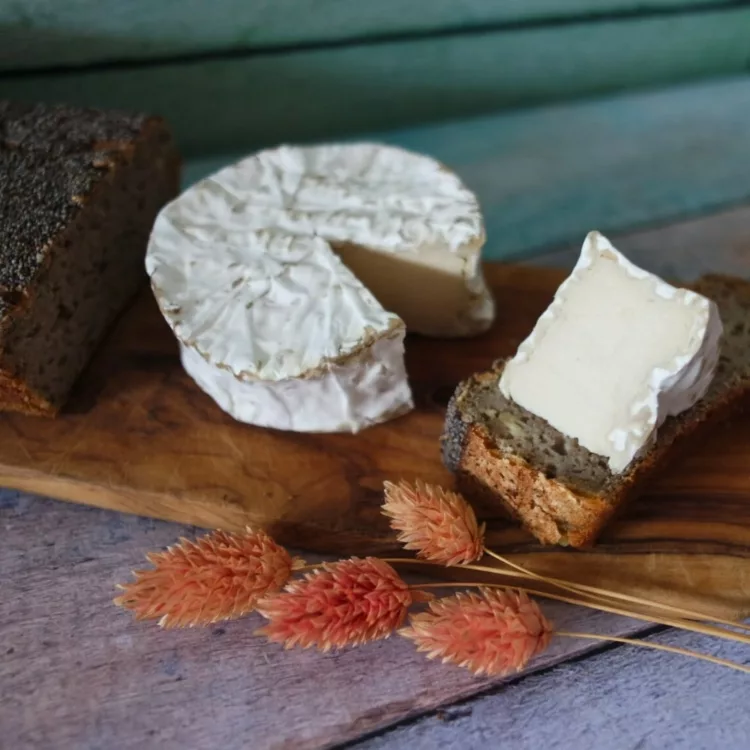 Fromage vegan comme du camembert coupé sur une planche en bois avec des fleurs séchées