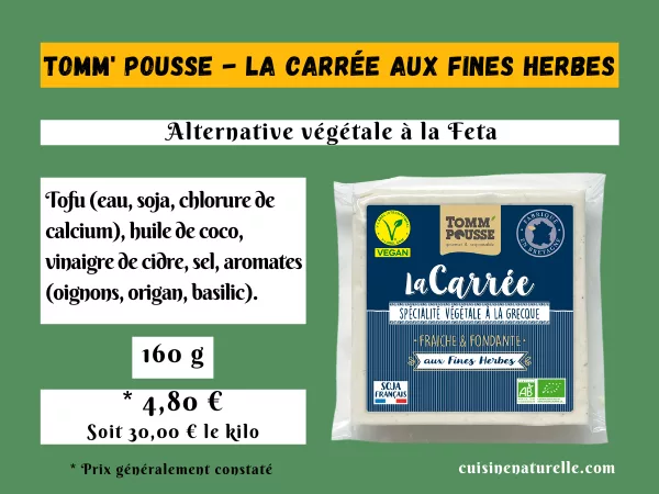 Infographie Fromage vegan Tomm Pousse La Carrée comme de la feta vegan avec ingrédients, prix et packshot