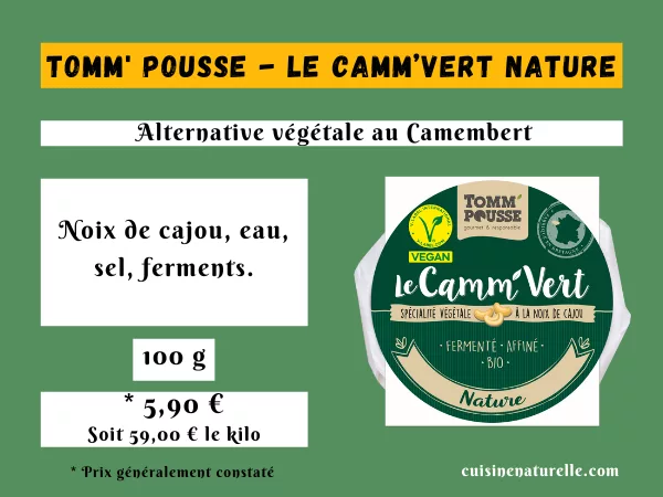 Infographie Fromage vegan Tomm Pousse nature avec ingrédients, prix et packshot