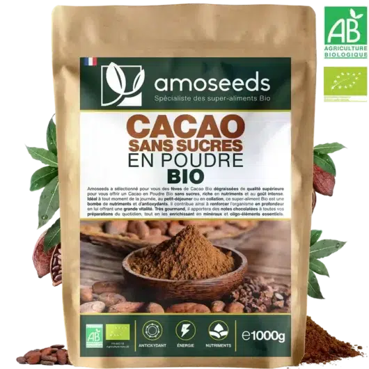 Sachet poudre de cacao sans sucre ajouté bio de la marque Amoseeds