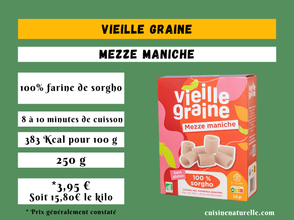 Infographie mezze maniche pâtes sans gluten vieille graine au sorgho avec ingrédients cuisson et prix