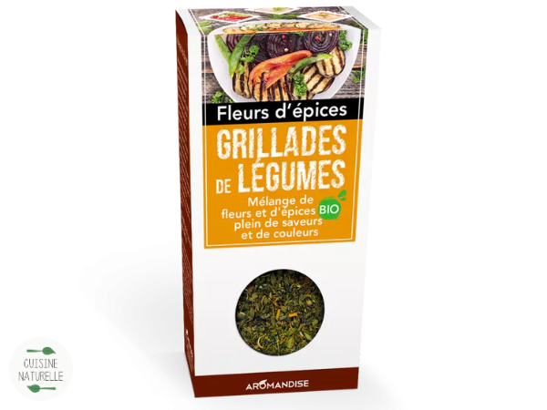 Mélange bio d’aromates, fleurs et épices : grillade de légumes de Aromandise.