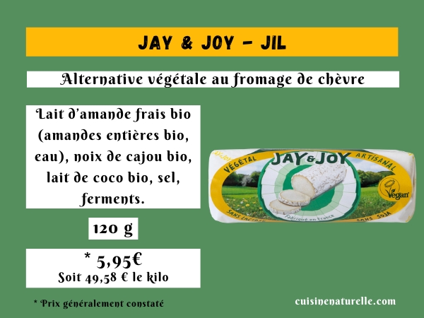 Infographie Jay & Joy Jil avec packshot bûche de chèvre vegan ingrédients et prix