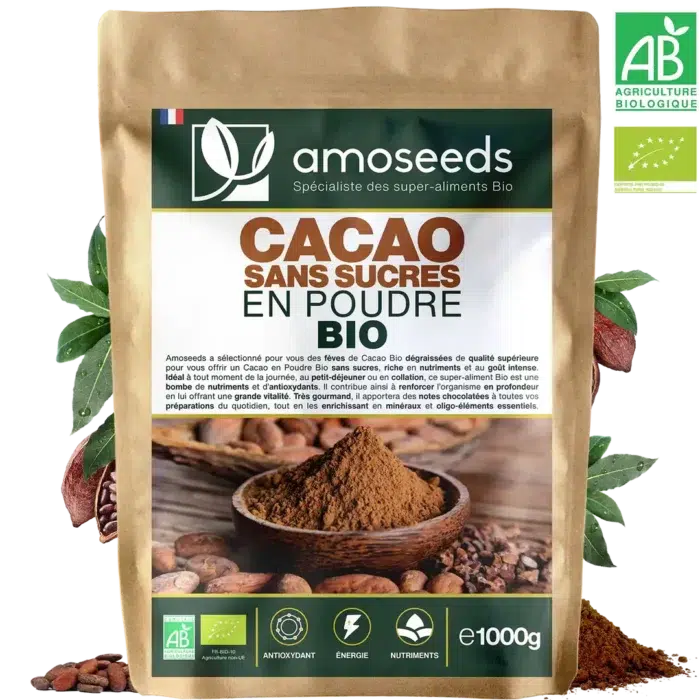 Emballage cacao bio sans sucre ajouté Amoseeds