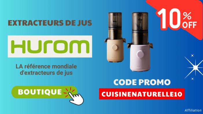 Bannière publicitaire Hurom avec code promo 10% CUISINENATURELLE10 pour commander un extracteur de jus