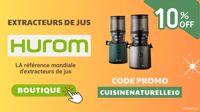 Bannière publicitaire Hurom avec code promo 10% CUISINENATURELLE10 pour commander un extracteur de jus