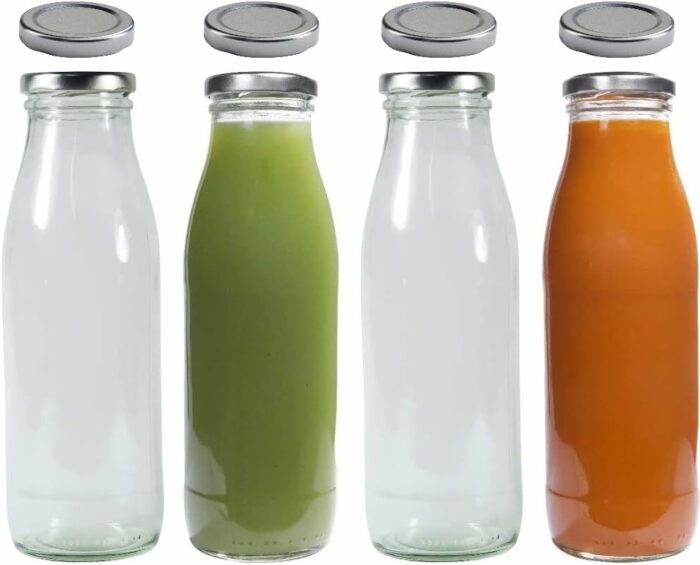 4 bouteilles en verre avec contenant blanc, vert et orange + bouchons