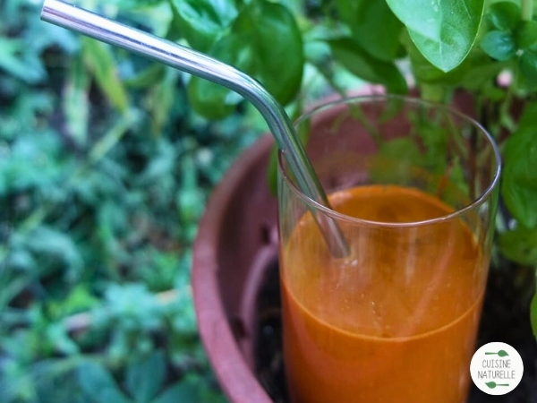 Verre avec jus orange et paille en inox dans un pot de plantes