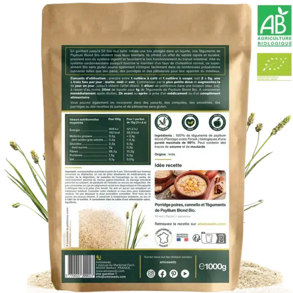 Psyllium blond en téguments bio 1 kg Amoseeds Conseils d'utilisation