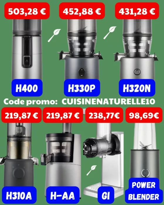 Code promo Hurom anniversaire 50 ans cuisinenaturelle10
Prix des extracteurs de jus Hurom