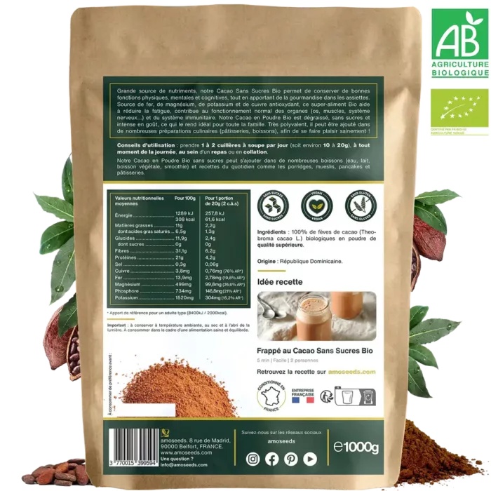 Etiquette de cacao en poudre sans sucre ajouté bio Amoseeds