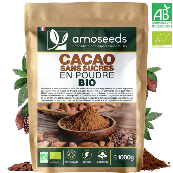 Sachet 1kg cacao en poudre sans sucre ajouté bio Amoseeds
