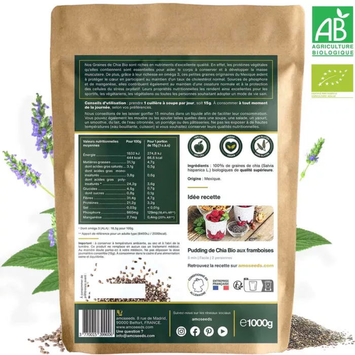 Paquet de dos des graines de chia bio 1 kg Amoseeds