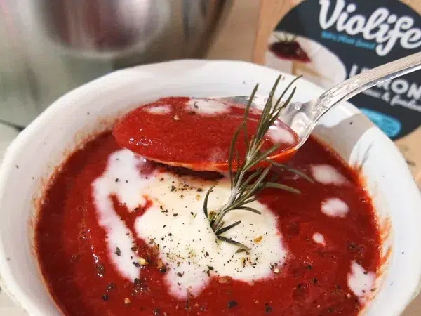 Bol blanc avec velouté de betterave avec fromage vegan fondu et une branche de romarin.