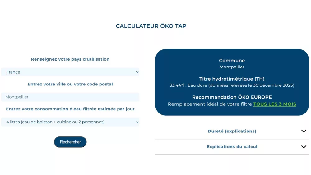 Recommandation de remplacement du filtre ÖKO TAP Selon la commune