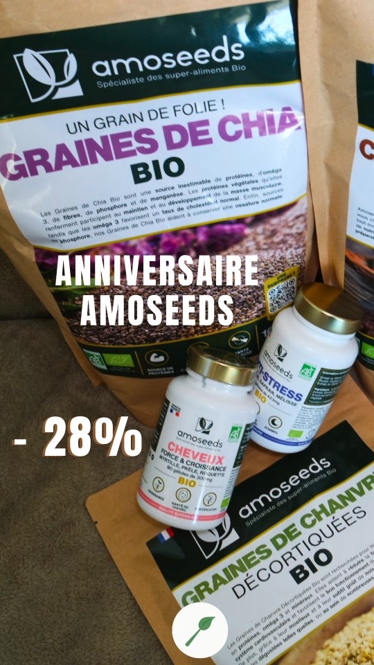Bon plan chez Amoseeds ! 🎉

Pour son anniversaire, @amoseeds vous offre -20% sur tout le site, cumulable avec mon code promo CUISINENATURELLE10 (-10% supplémentaires) !
Une réduction exceptionnelle sur toute leur gamme de superaliments bio à retrouver sur leur boutique en ligne. 

⏳ Attention, cette offre est valable dans la limite des stocks disponibles. Si vous avez repéré vos produits favoris, c'est le moment de passer commande avant qu'ils ne soient épuisés !

👉 Code promo Amoseeds : CUISINENATURELLE10
📅 Offre anniversaire: durée limitée
🛒 Cumulable avec la promo -20% du site

⏳N'attendez pas trop pour en profiter, les meilleures affaires partent toujours en premier !

Belle fin de soirée. 🌱

Caroline 🌻 

#amoseeds #superaliment #grainesdechia #pertedecheveux #ailnoir 

[C'est l'anniversaire Amoseeds : -20% sur toute la boutique + 10% avec mon code CUISINENATURELLE10, soit -28% sur vos graines et super-aliments bio préférés.]